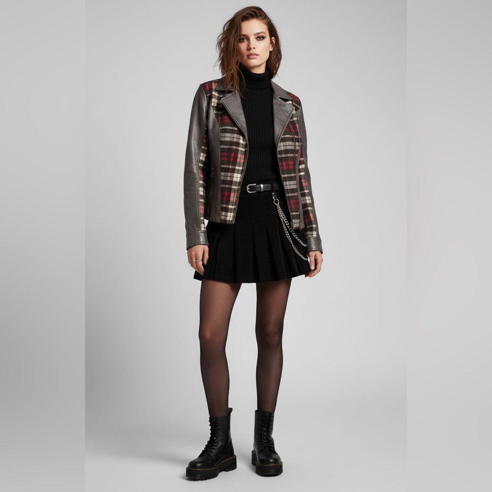 Betty Barclay Size 4 Leather & Plaid Wool Moto Jacket Mixed Media European - Picture 16 of 16